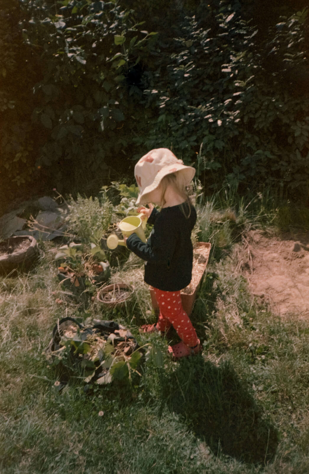 une enfant tient un arrosoir dans un jardin